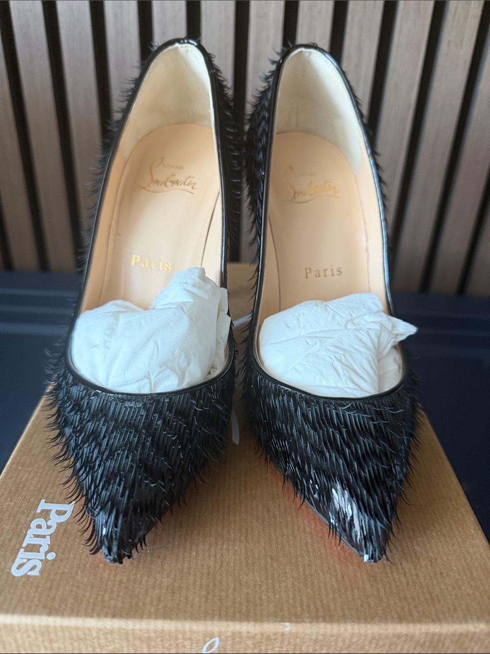 Christian Louboutin Black Pigalle Follues Textured Fringe Pointed-Toe Pumps